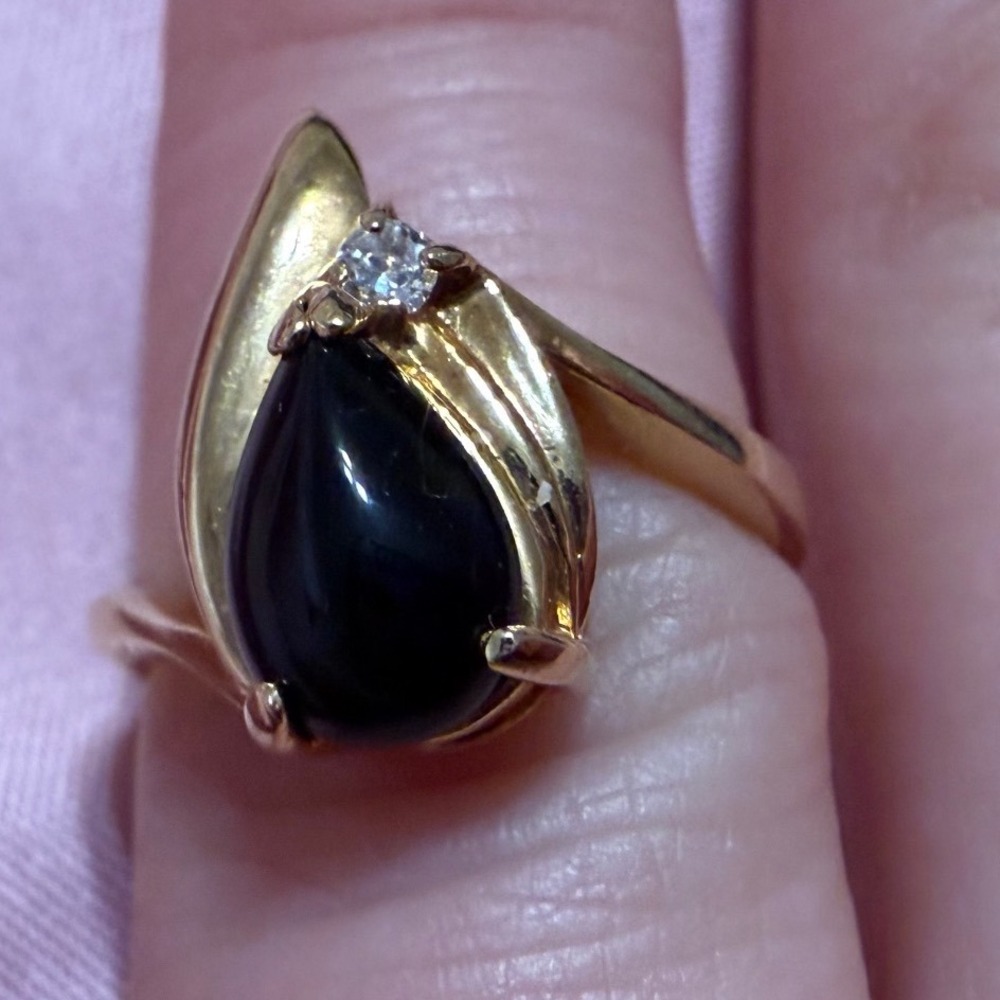 Vintage Gold Tone Pear Cut Black Onyx Bypass Ring with Clear Accent Stone